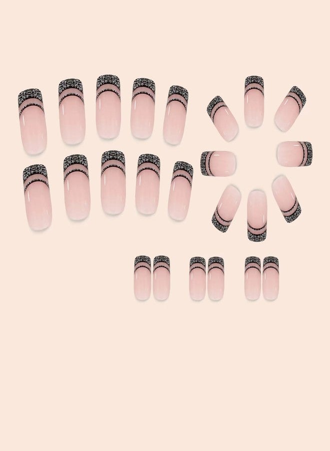 NBNTGH French Tip Press on Nails Short Square Fake Nails with Design Black Line False Nail Glitter Glue on Nails Glossy Full Cover Artificial Acrylic Nail Bling Nude Stick on Nail for Women Manicure 24pcs - Image 3